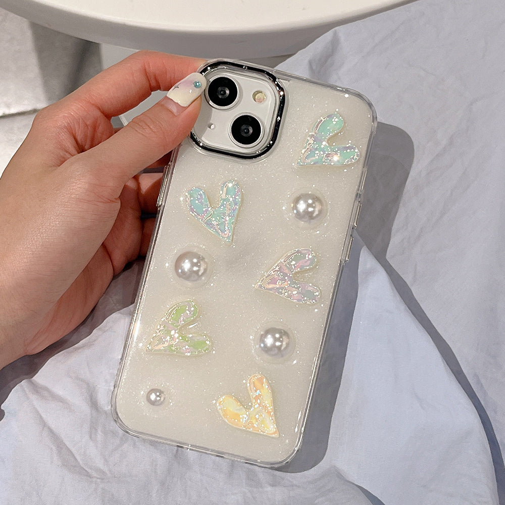 For iPhone 14 Laser Hearts Cell Phone Case Electroplating Hard Acrylic TPU Phone Cover with Pearl Decor For iPhone 14 Laser Hearts Cell Phone Case Electroplating Hard Acrylic TPU Phone Cover with Pearl Decor